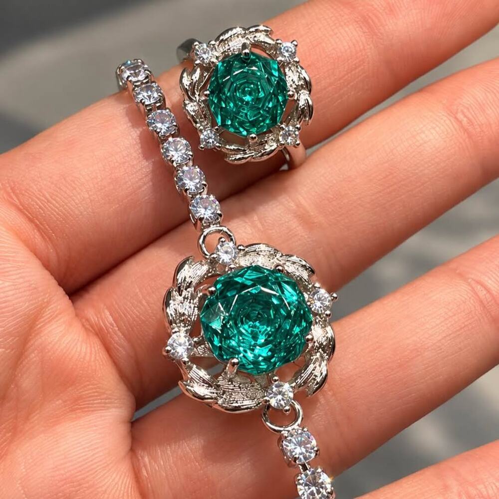 Rose cut teal bracelet and ring set